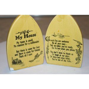 Vintage Iron Shaped Yellow Salt and Pepper Shaker Set My House Inscription